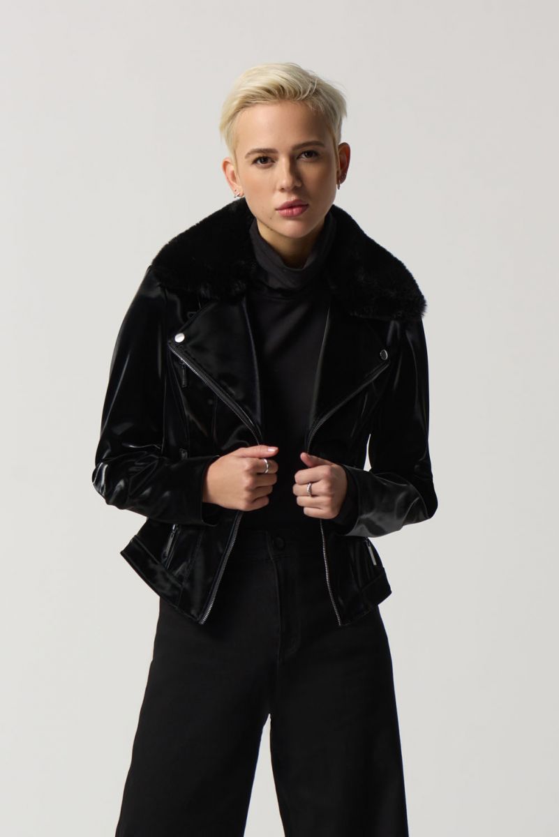 Joseph Ribkoff Black Faux-Leather Moto Jacket 233928