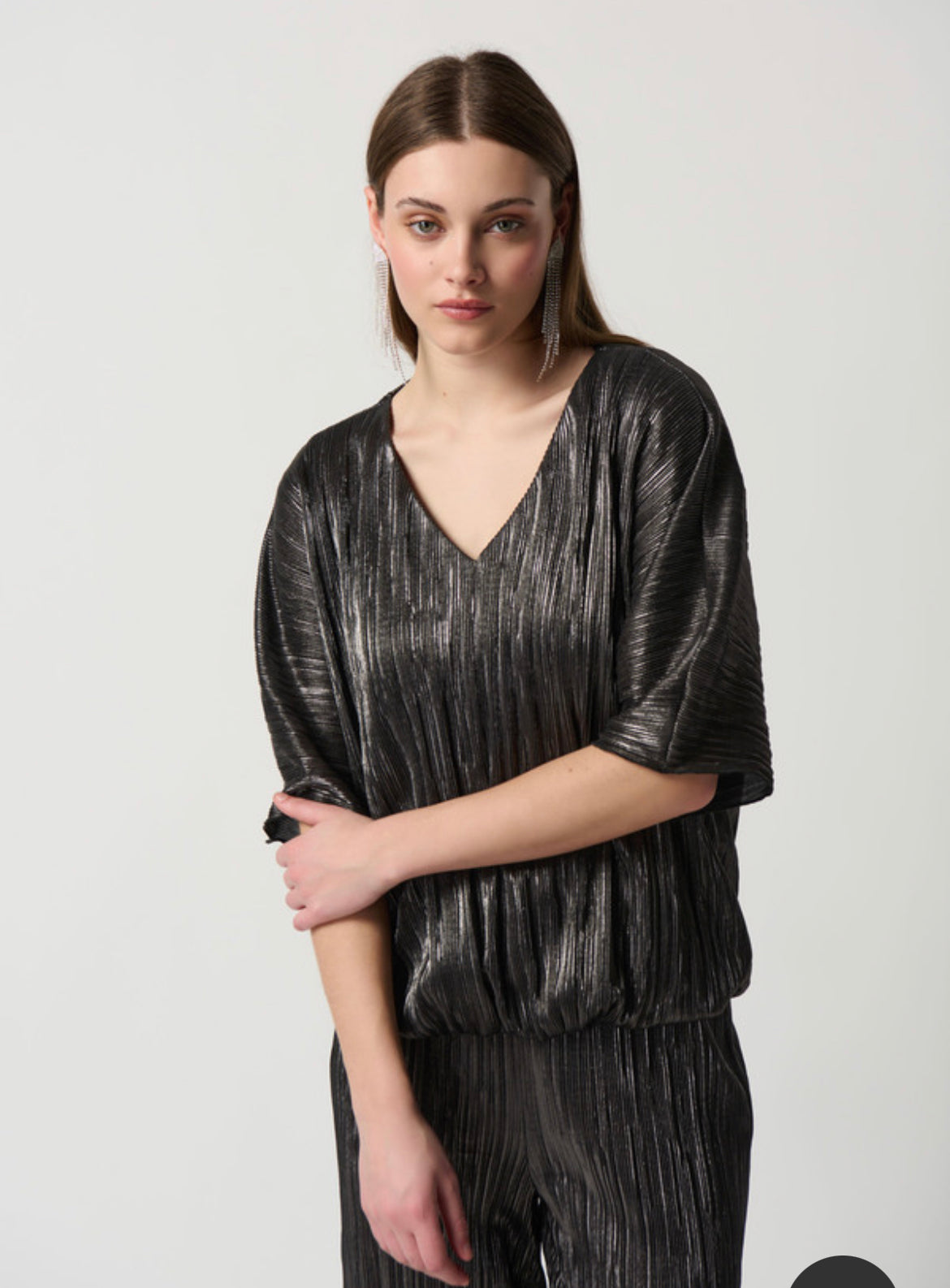 Joseph Ribkoff Dark Grey Metallic Crinkle High-Low Top